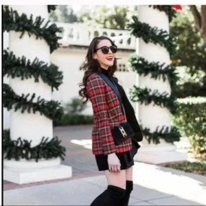 J.CREW LUX Parke Blazer in Red Tartan Plaid Jacket Black Shawl Collar Size 12
